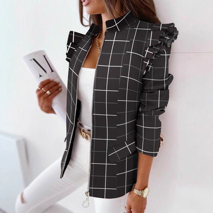 Printed Jacket with Ruffled Shoulders and Zipper Front
