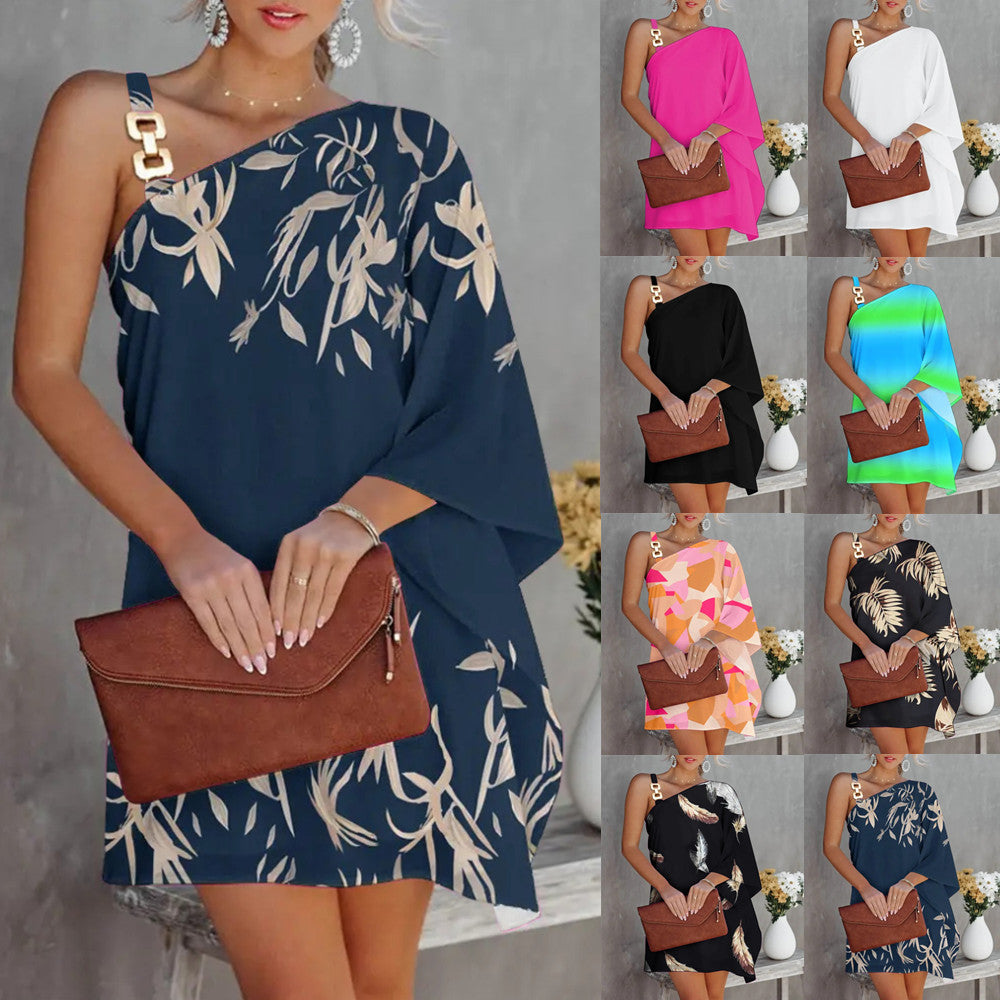 Printed One-Shoulder Mini Dress with Bat Sleeves