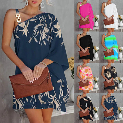 Printed One-Shoulder Mini Dress with Bat Sleeves