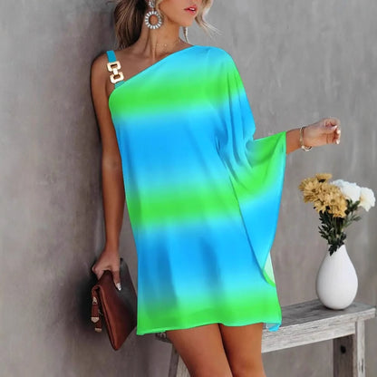 Printed One-Shoulder Mini Dress with Bat Sleeves