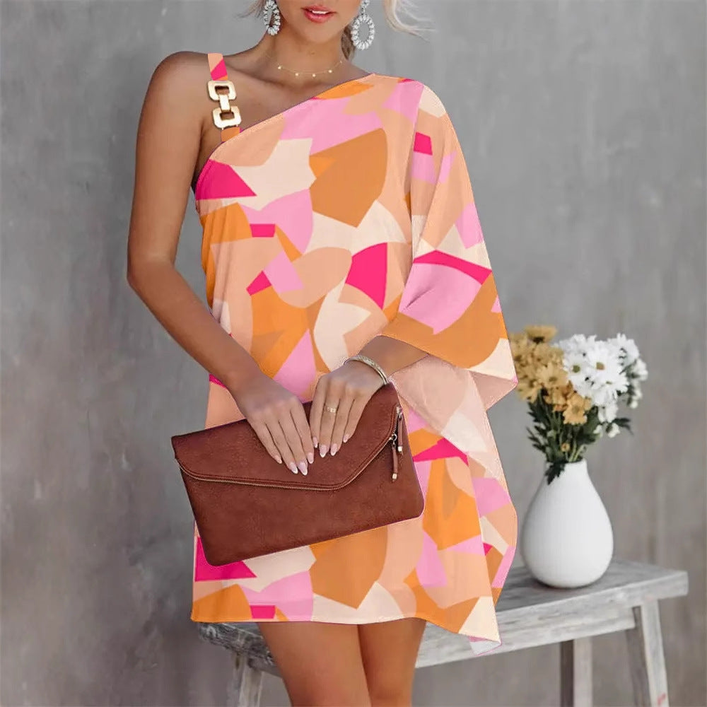 Printed One-Shoulder Mini Dress with Bat Sleeves