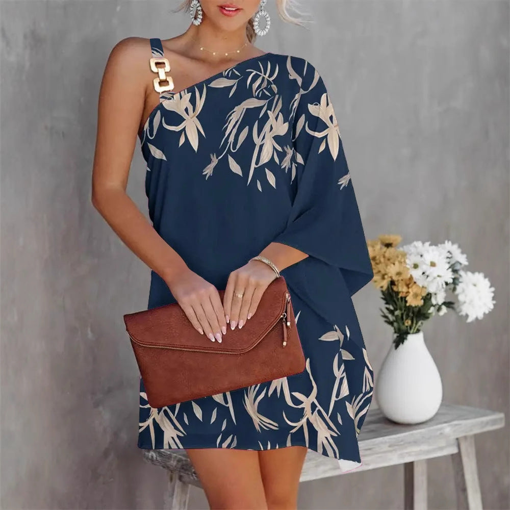 Printed One-Shoulder Mini Dress with Bat Sleeves