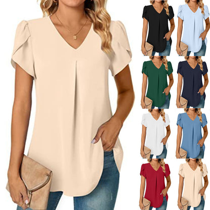 Solid V-Neck Blouse with Petal Sleeves and Pleated Front