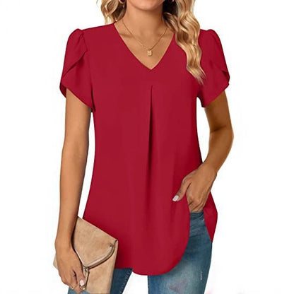 Solid V-Neck Blouse with Petal Sleeves and Pleated Front