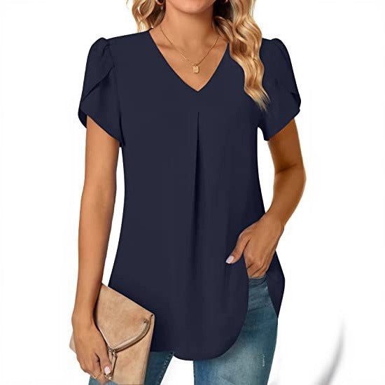 Solid V-Neck Blouse with Petal Sleeves and Pleated Front