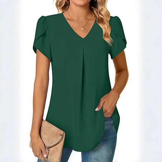 Solid V-Neck Blouse with Petal Sleeves and Pleated Front