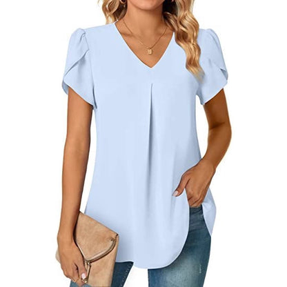 Solid V-Neck Blouse with Petal Sleeves and Pleated Front