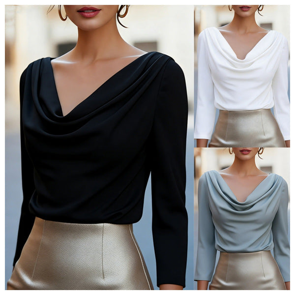 Solid Color Draped V-Neck Blouse with Long Sleeves
