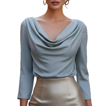 Solid Color Draped V-Neck Blouse with Long Sleeves