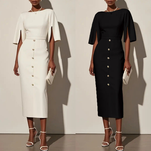 Sheath Midi Dress with Cape Sleeves and Front Buttons