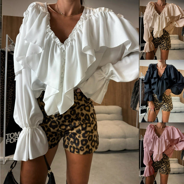 Voluminous Ruffled V-Neck Blouse with Long Sleeves