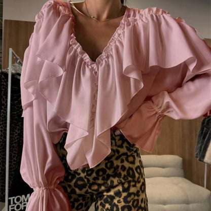 Voluminous Ruffled V-Neck Blouse with Long Sleeves