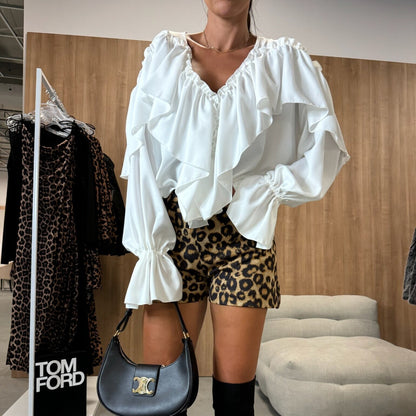 Voluminous Ruffled V-Neck Blouse with Long Sleeves