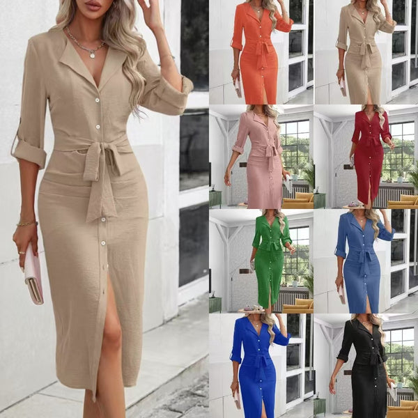 Midi Shirt Dress with Lapel Collar and Tie-Waist