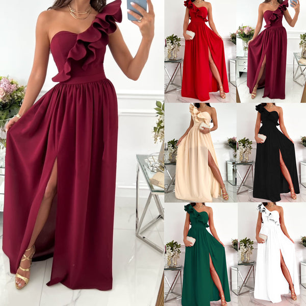 Maxi Dress with One-Shoulder Ruffle and High Slit