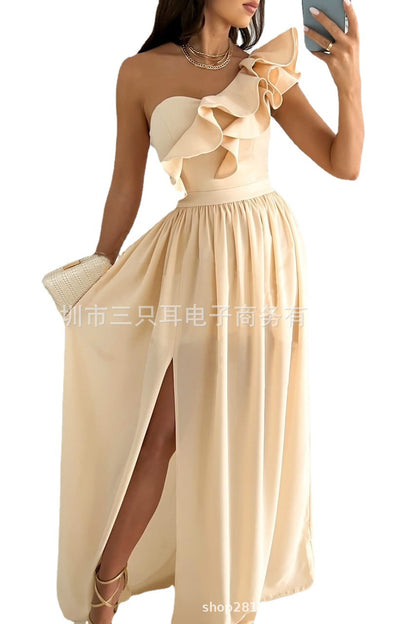 Maxi Dress with One-Shoulder Ruffle and High Slit
