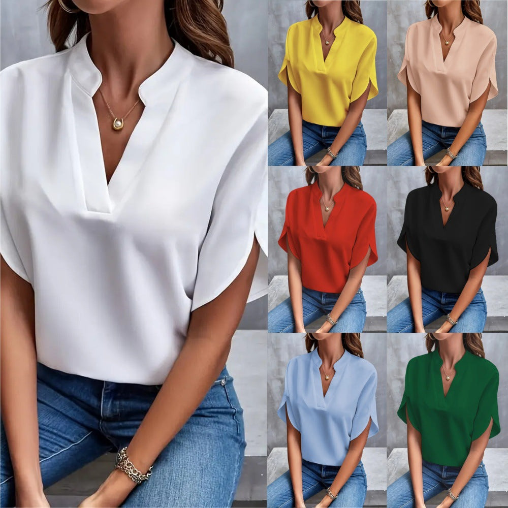 Solid Loose Blouse with Stand Collar V-Neck and Split Sleeves