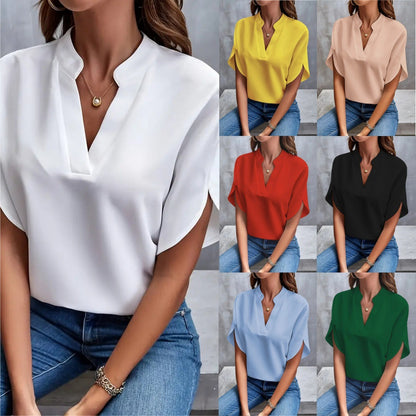 Solid Loose Blouse with Stand Collar V-Neck and Split Sleeves