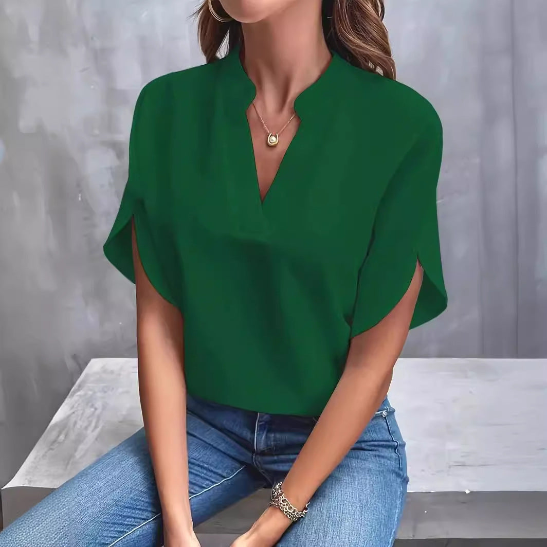 Solid Loose Blouse with Stand Collar V-Neck and Split Sleeves