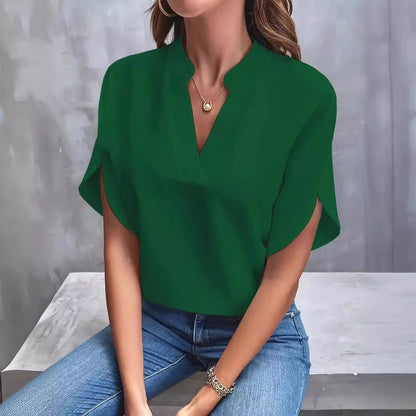 Solid Loose Blouse with Stand Collar V-Neck and Split Sleeves