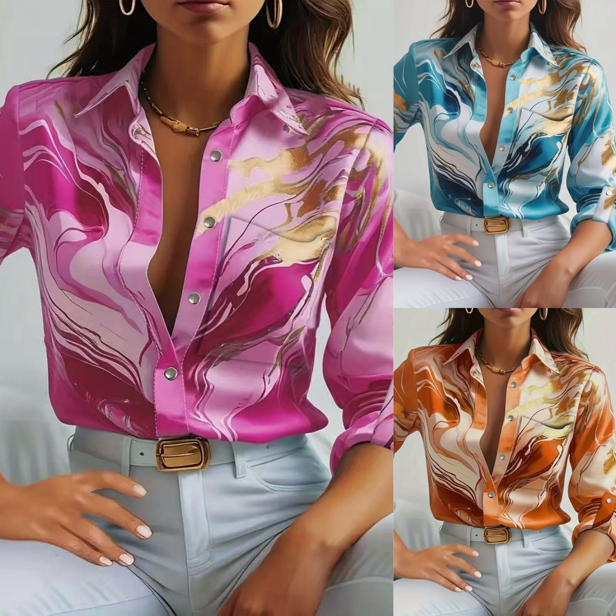 Fluid Abstract Print Button-Down Shirt with V-Neckline and Long Sleeves