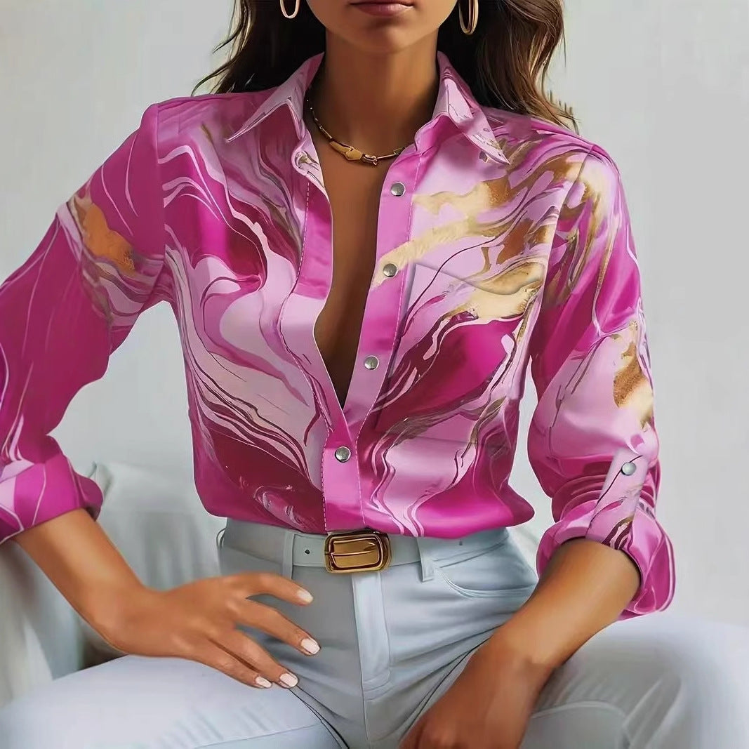Fluid Abstract Print Button-Down Shirt with V-Neckline and Long Sleeves