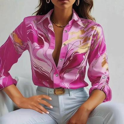 Fluid Abstract Print Button-Down Shirt with V-Neckline and Long Sleeves