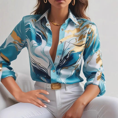 Fluid Abstract Print Button-Down Shirt with V-Neckline and Long Sleeves