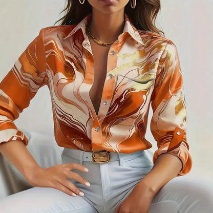 Fluid Abstract Print Button-Down Shirt with V-Neckline and Long Sleeves