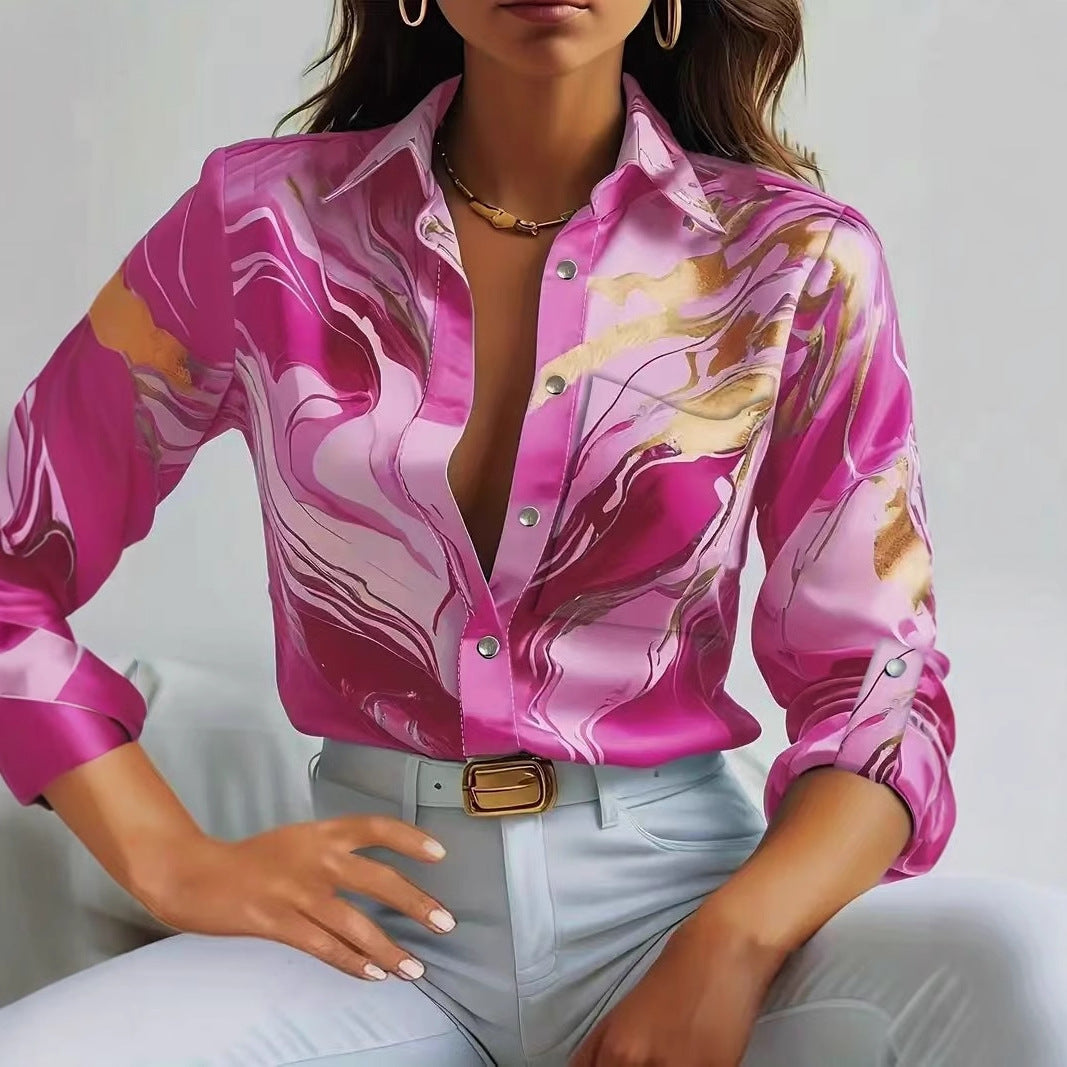 Fluid Abstract Print Button-Down Shirt with V-Neckline and Long Sleeves