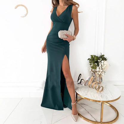 Sleeveless Sheath Maxi Dress with V-Neck and High Slit