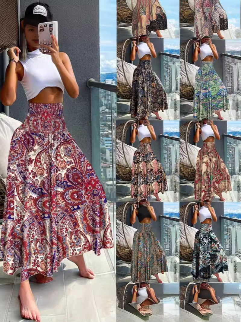 Bohemian Print A-Line Maxi Skirt with High Smocked Waist