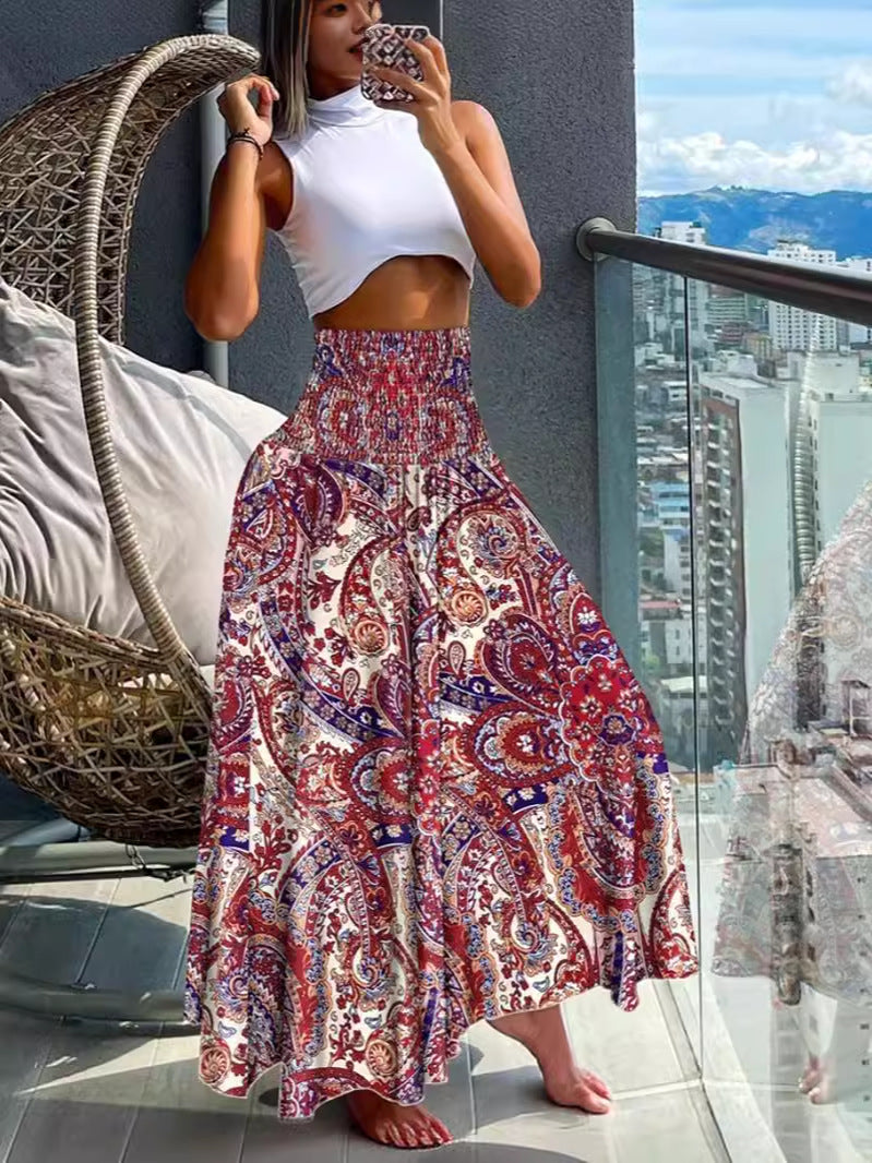 Bohemian Print A-Line Maxi Skirt with High Smocked Waist