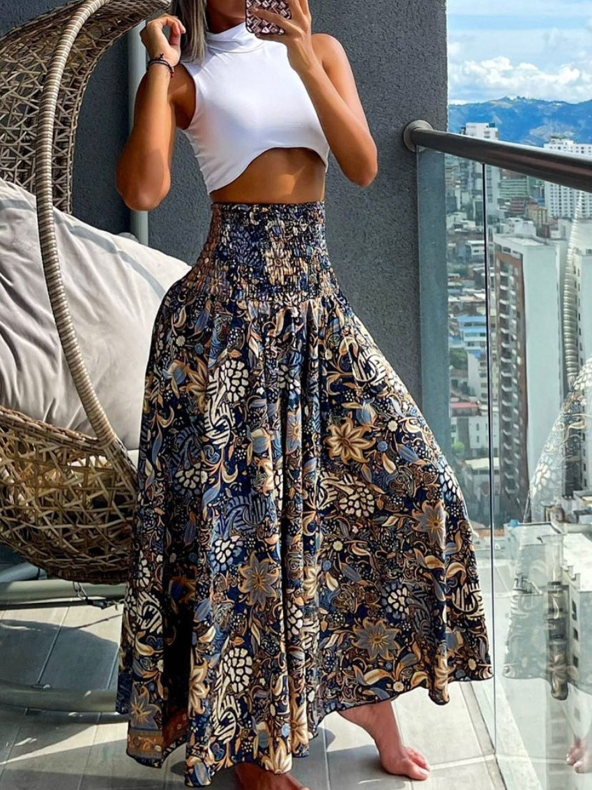 Bohemian Print A-Line Maxi Skirt with High Smocked Waist