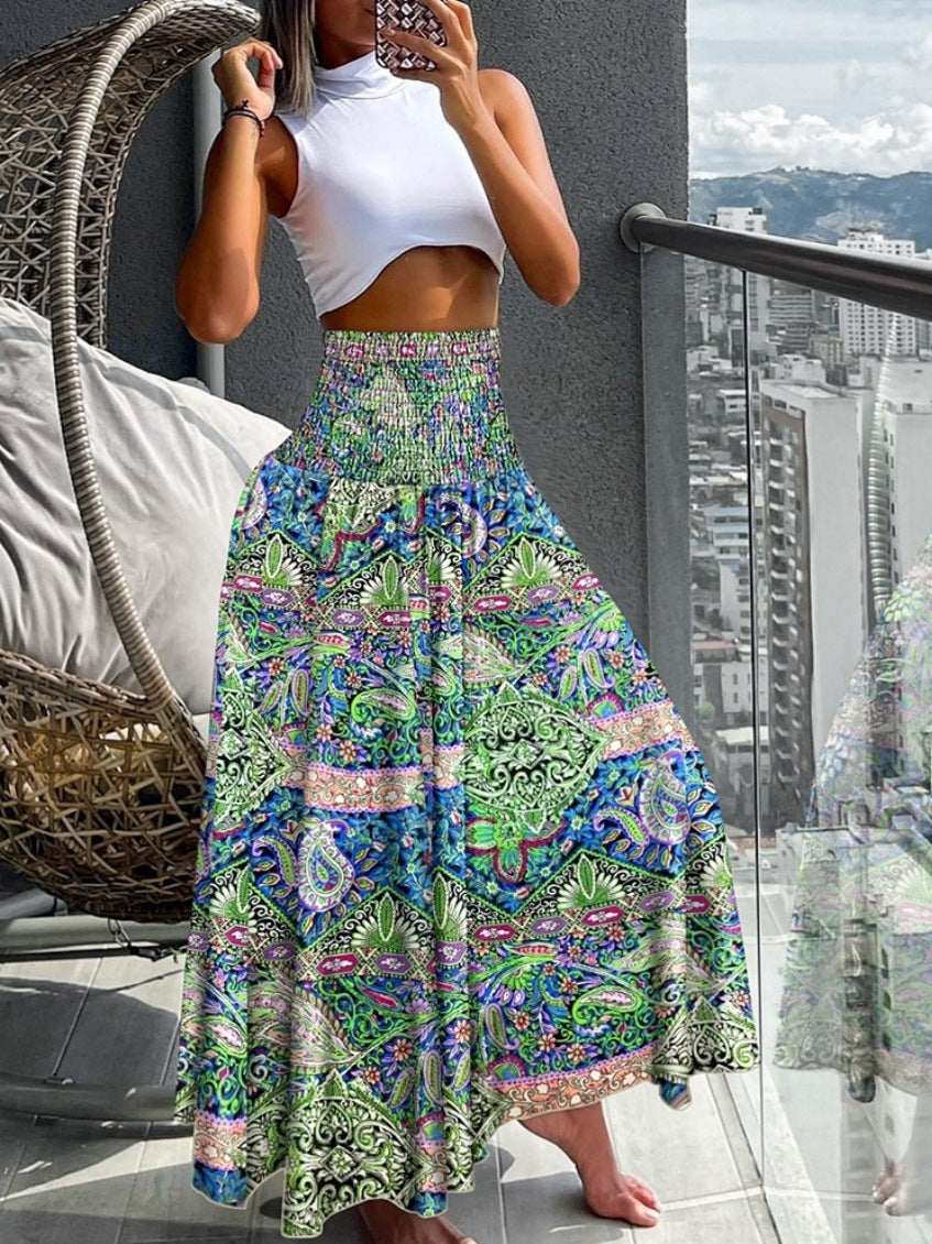 Bohemian Print A-Line Maxi Skirt with High Smocked Waist