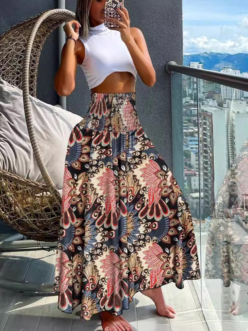 Bohemian Print A-Line Maxi Skirt with High Smocked Waist