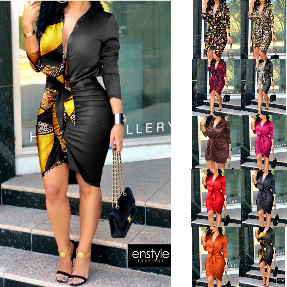 Midi Dress with V-Neck, Tie-Waist, and Ruched Hem