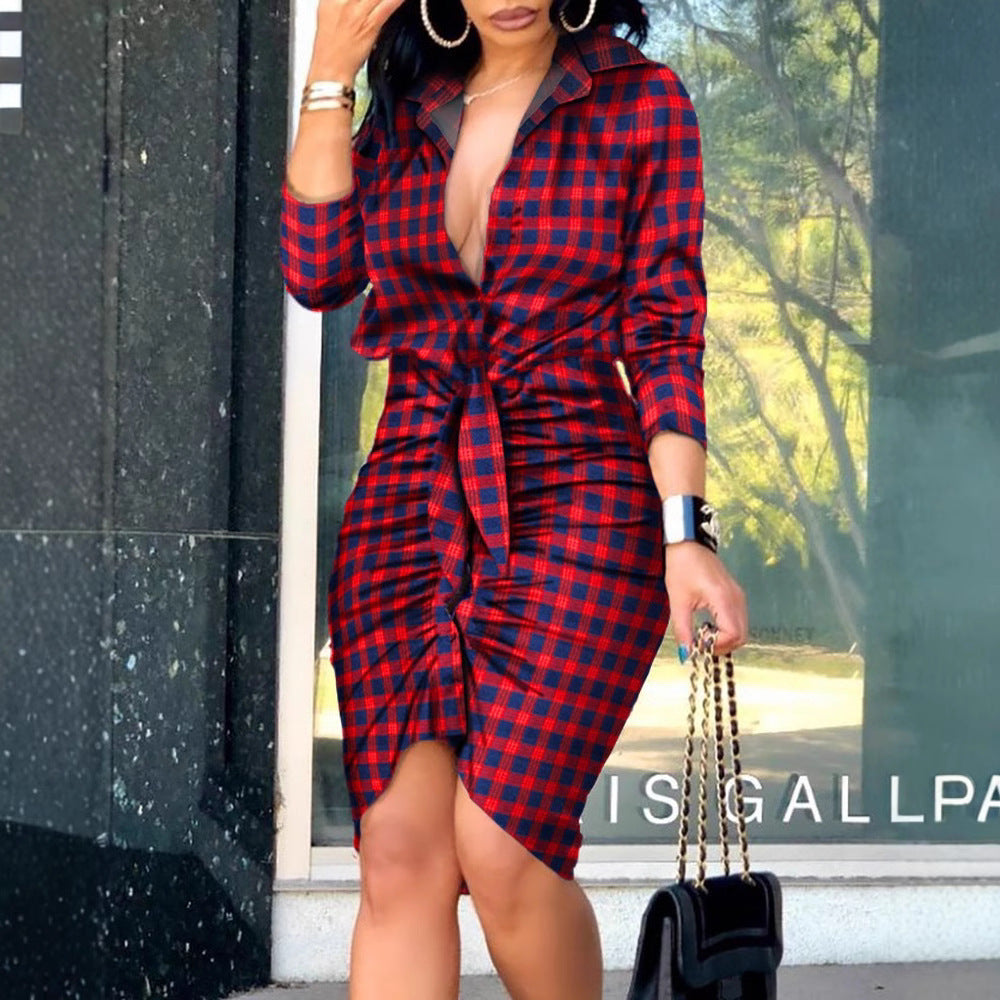 Midi Dress with V-Neck, Tie-Waist, and Ruched Hem