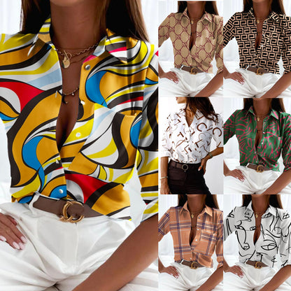 Printed Button-Down Shirt with V-Neck and Long Sleeves