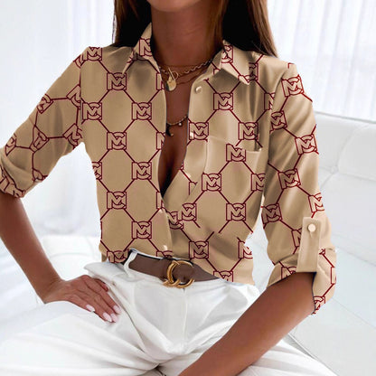 Printed Button-Down Shirt with V-Neck and Long Sleeves
