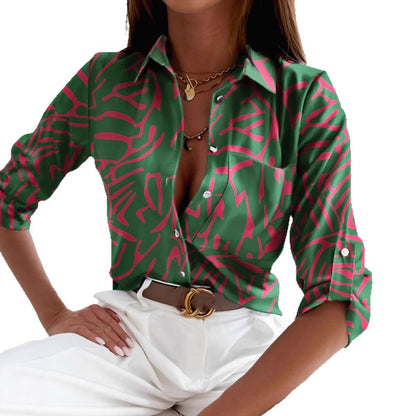 Printed Button-Down Shirt with V-Neck and Long Sleeves