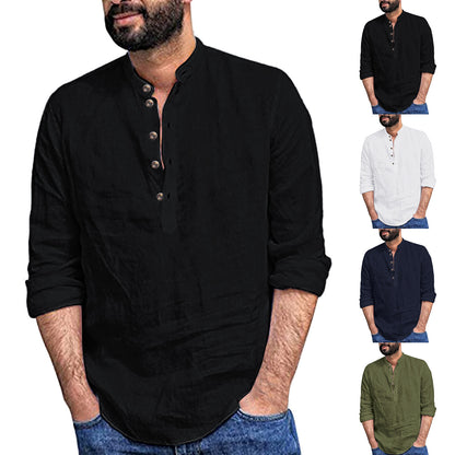 Loose Fit Cotton Blend Henley Shirt with Mandarin Collar