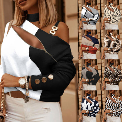 Printed Off-Shoulder Top with Diagonal Zipper and Chain Strap