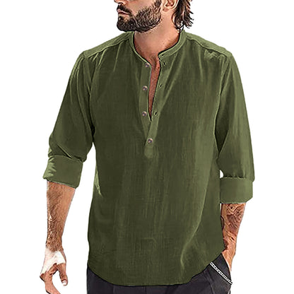 Loose Fit Cotton Blend Henley Shirt with Mandarin Collar