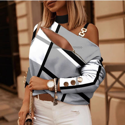Printed Off-Shoulder Top with Diagonal Zipper and Chain Strap