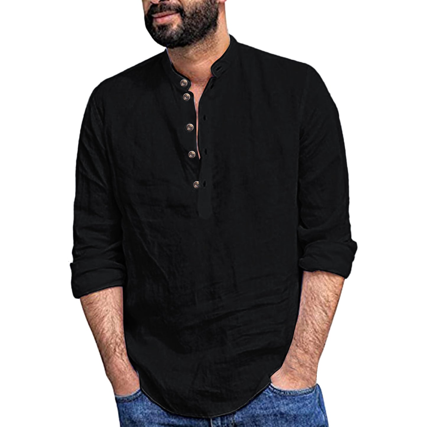 Loose Fit Cotton Blend Henley Shirt with Mandarin Collar