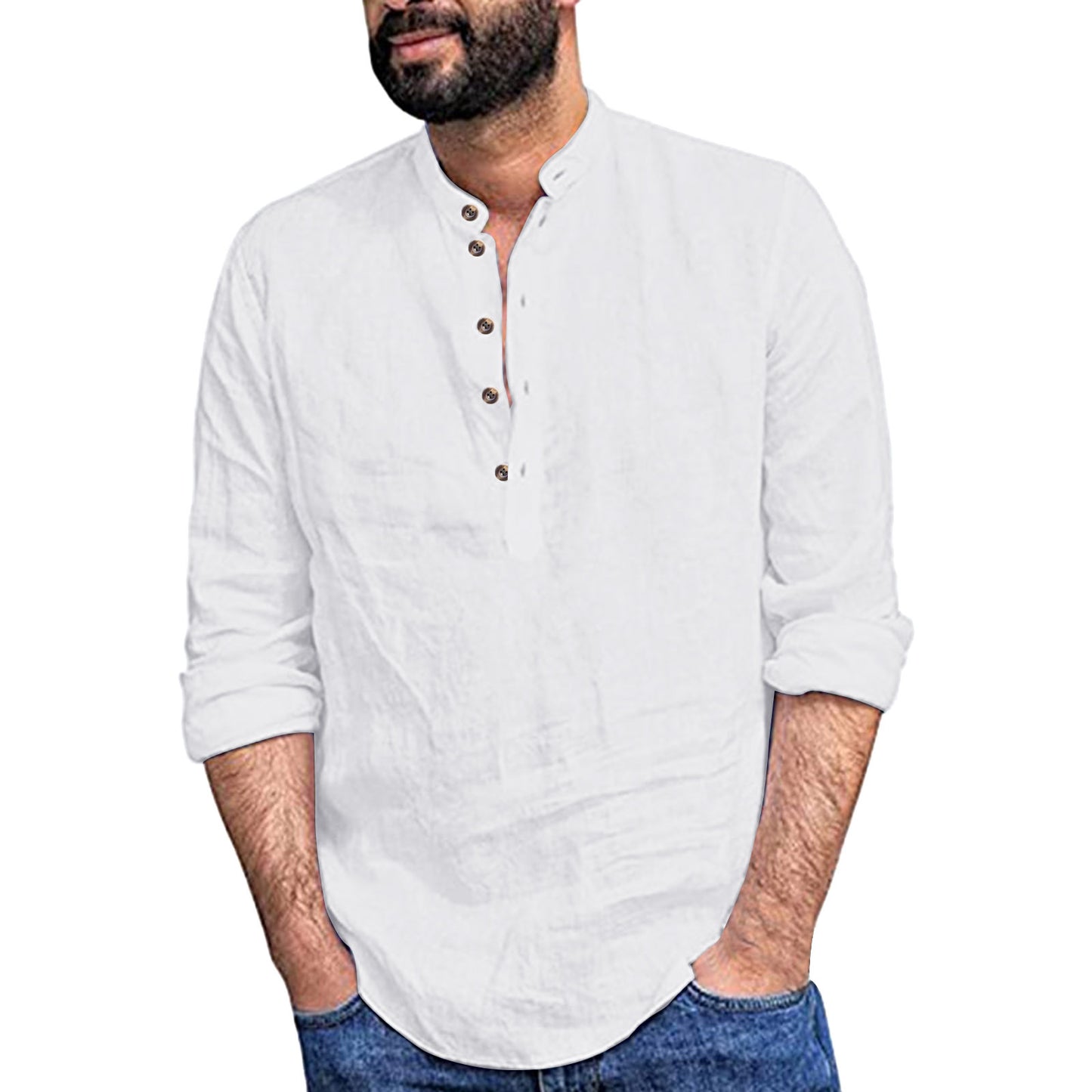 Loose Fit Cotton Blend Henley Shirt with Mandarin Collar
