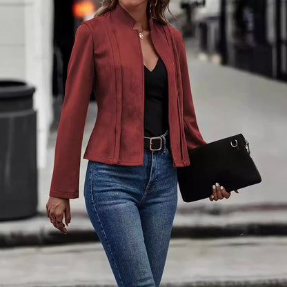 Fitted Jacket with Stand Collar and Pintuck Detail