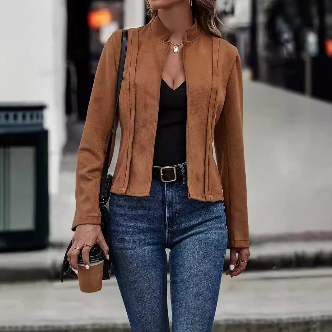 Fitted Jacket with Stand Collar and Pintuck Detail