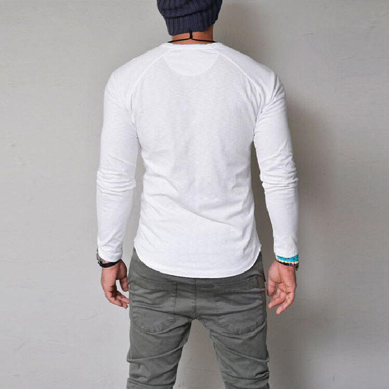 Solid Long-Sleeve Henley T-Shirt with Curved Hem